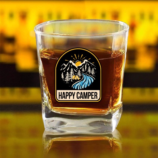 Happy Camper Camping Campfire Tent Square Whiskey Glasses