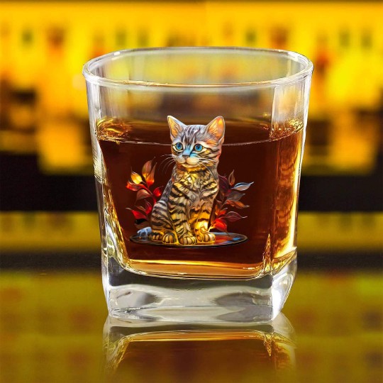 Stained Glass American Shorthair kitten Square Whiskey Glasses