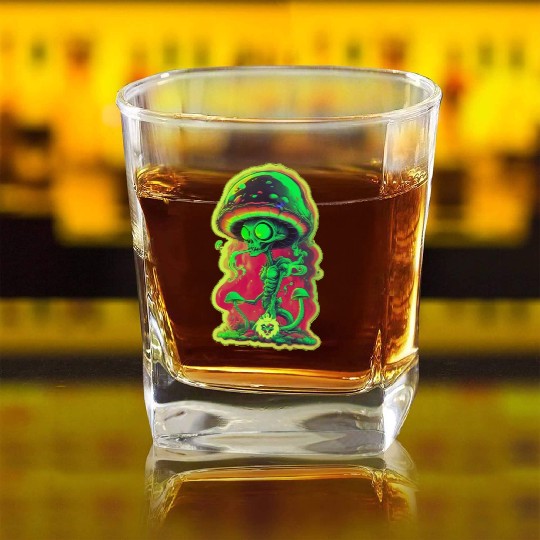 Psychedelic mushroom alien Square Whiskey Glasses