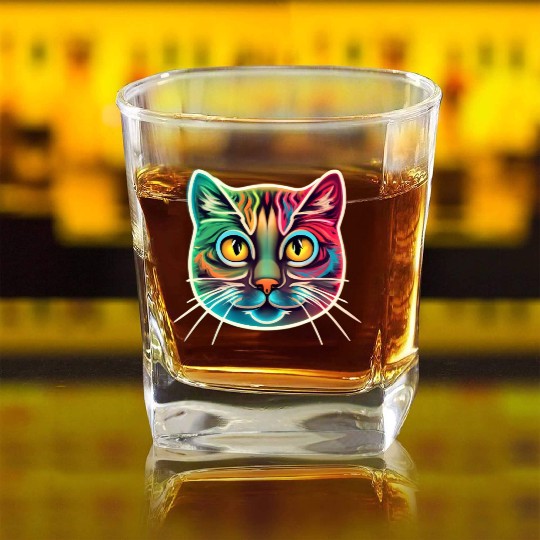 cat face neon design Square Whiskey Glasses