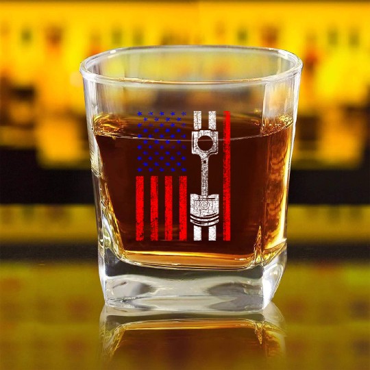 American Flag Piston Muscle Car Patriotic Vintage Square Whiskey Glasses