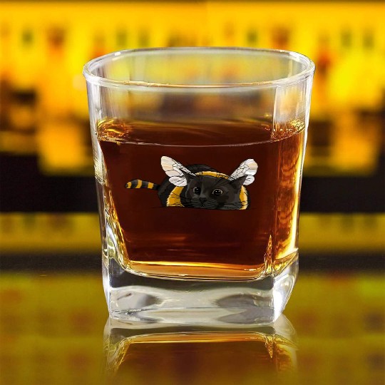 Fuzzy Little Bumblebee Kitty Square Whiskey Glasses