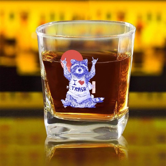 I Love Trash Cute Funny Metal Raccoon Gift Square Whiskey Glasses