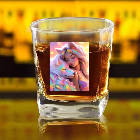 Rainbow Friends - White Wolf and Girl Square Whiskey Glasses