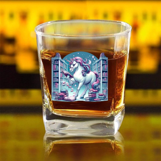 Unicorn Librarian in Enchanted Library Square Whiskey Glasses