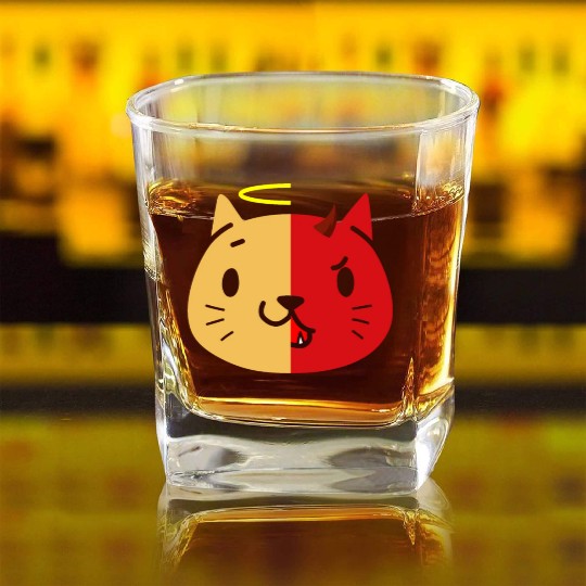 Two Face Cat Angel And Devil Square Whiskey Glasses