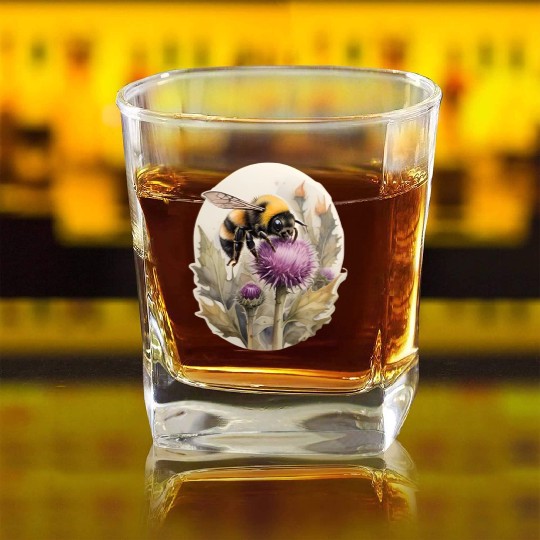 Bumblebee on thistle watercolor Square Whiskey Glasses