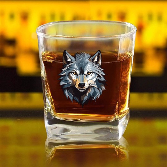 Majestic Wolf Face Illustration Square Whiskey Glasses