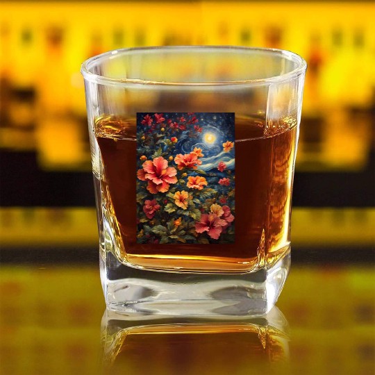 Colorful Hibiscus Under Starry Night Sky Square Whiskey Glasses