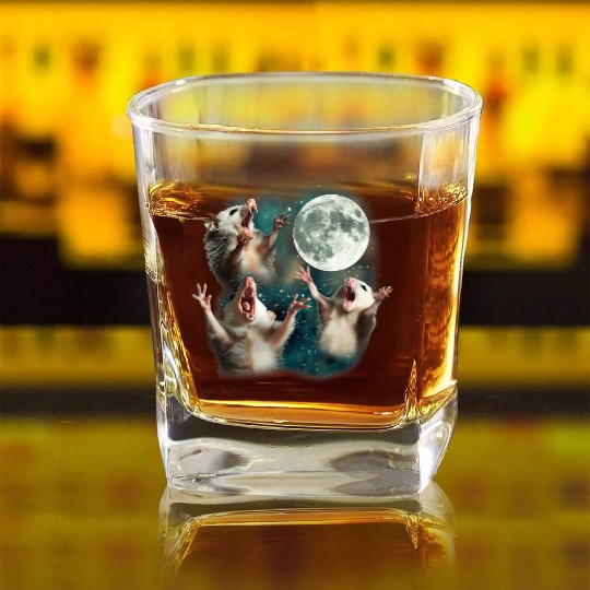 Three Possum Moon 3 Opossum Funny Weird Cursed Mem Square Whiskey Glasses