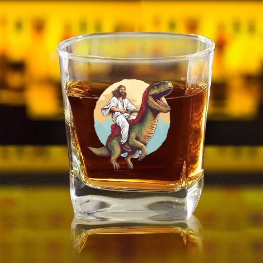 Jesus Riding a Dinosaur Meme Dino Lover Square Whiskey Glasses
