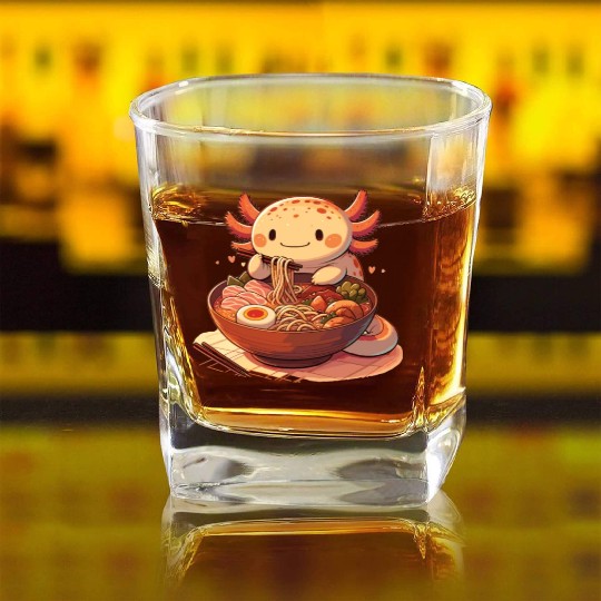 But First Ramen Sweet Axolotl Eats Ramen Square Whiskey Glasses