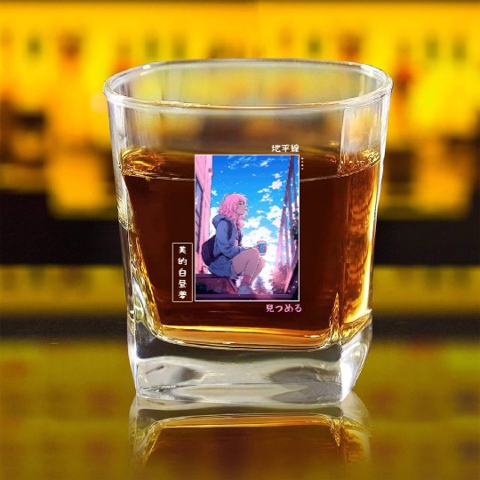 Japanese Aesthetic Kawaii Coffee Lover Anime Girl Square Whiskey Glasses
