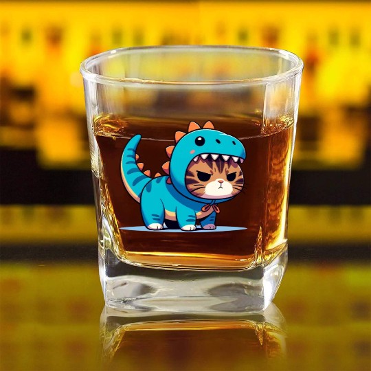 Grumpy Cat in Velociraptor Costume Square Whiskey Glasses
