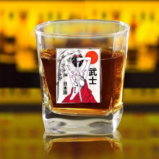 Vintage Japanese Samurai Culture Sakura Scenery Square Whiskey Glasses