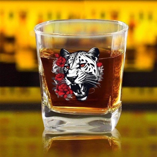 Dynamic Panther Embraces Kindness in Floral Glory Square Whiskey Glasses