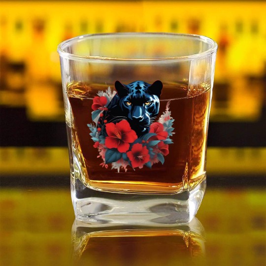 Dynamic Panther Embraces Kindness in Floral Glory Square Whiskey Glasses