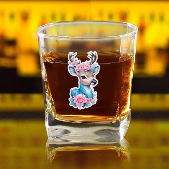 cute deer blue blossom pink rose Square Whiskey Glasses