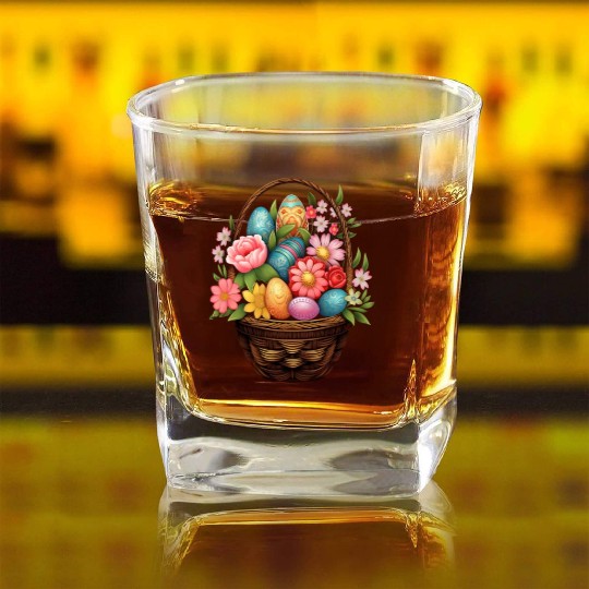 Easter Day Easter Egg Basket Spring Flowers Square Whiskey Glasses