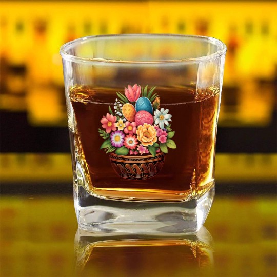 Easter Day Easter Egg Basket Spring Flowers Square Whiskey Glasses