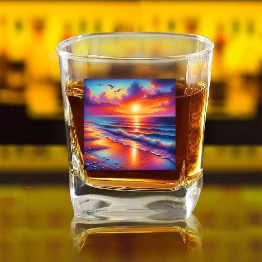 Sunset Serenity: Pastel Beachscape Square Whiskey Glasses