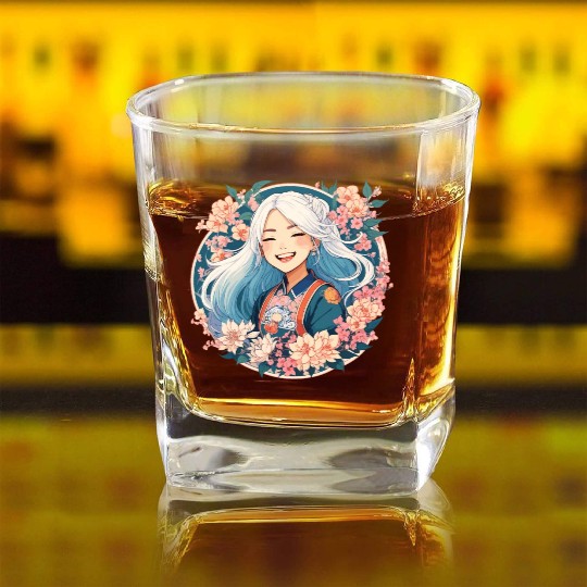Happy Smile Pretty Japanese Anime Girl with Flower Square Whiskey Glasses