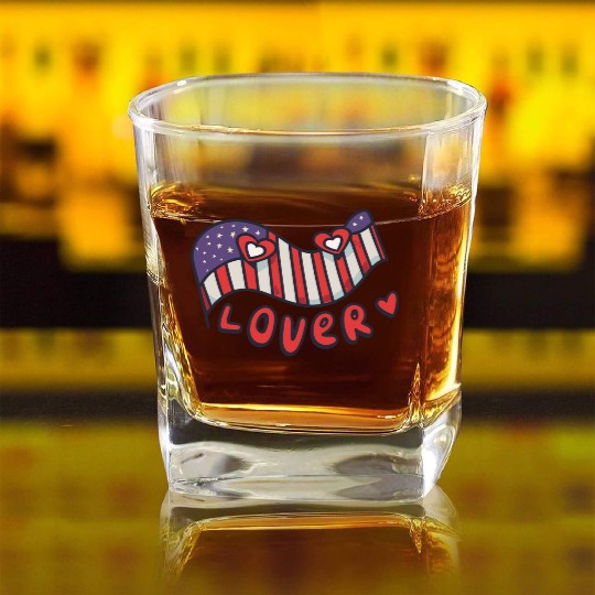 Valentines Day Flag Patriotic Lover Red Hearts Square Whiskey Glasses