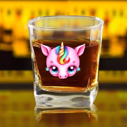 Pink Baby Rainbow Unicorn Head Square Whiskey Glasses