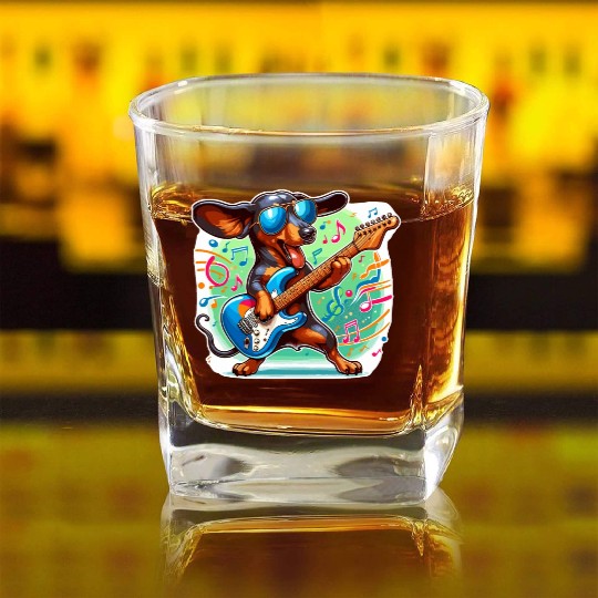 Cute Dachshund playing E-Guitar Square Whiskey Glasses