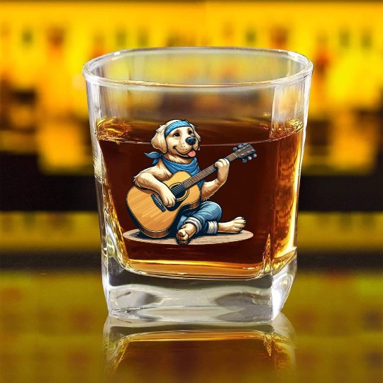 Golden Retriever playing Guitar Square Whiskey Glasses