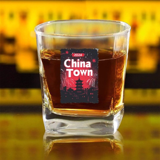 ChinaTown Ignites: Synthwave Red & Black Shiluette Square Whiskey Glasses