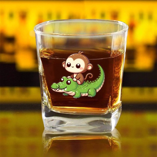 Cute Monkey Riding Crocodile Square Whiskey Glasses