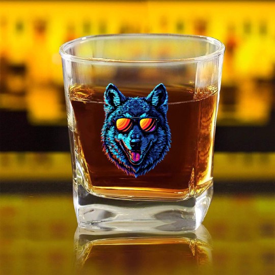 Cool Wolf Face Blue Wolf Wearing Sunglasses Square Whiskey Glasses