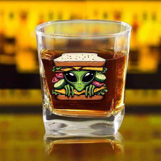 Alien Hiding in a Sandwich Square Whiskey Glasses