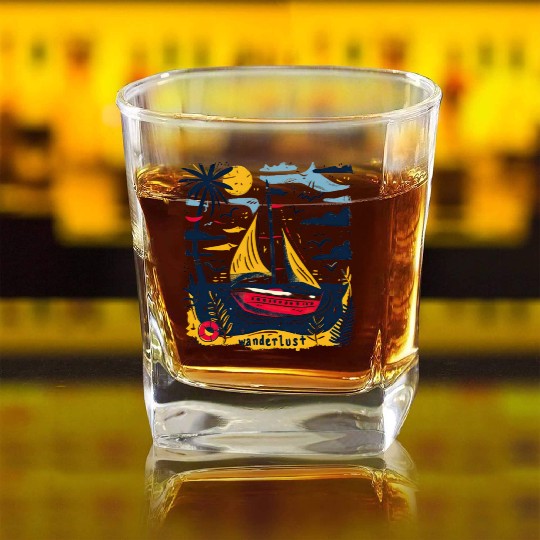 Wanderlust Sailing Boat in The Sea Colorful Print Square Whiskey Glasses