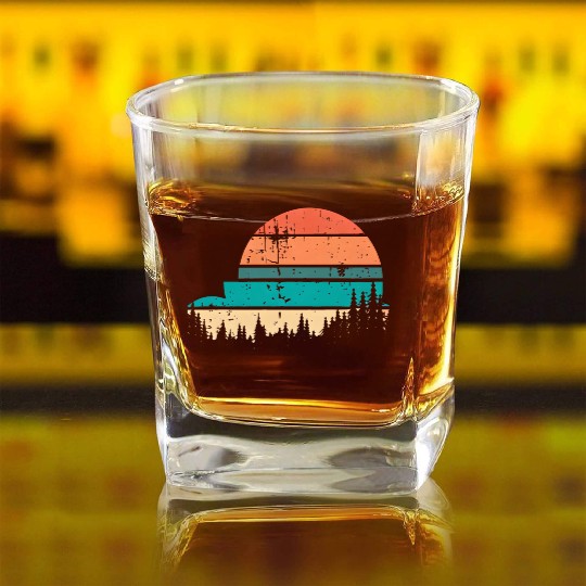 Retro Evergreen Sunset Stepped Circle Design Square Whiskey Glasses