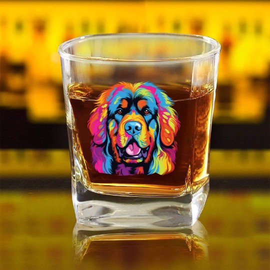 Watercolor Colorful Tibetan Mastiff Square Whiskey Glasses