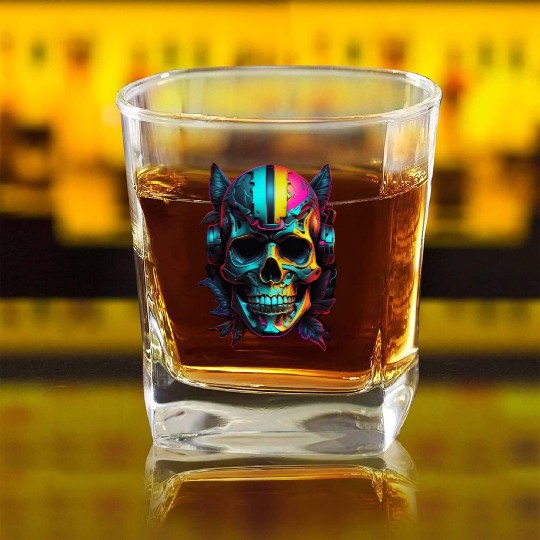Black and Neon Skull Graphic Square Whiskey Glasses - Edgy Goth