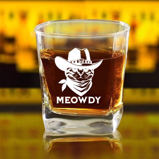 Cute Meowdy Cat Cowboy Pun Square Whiskey Glasses