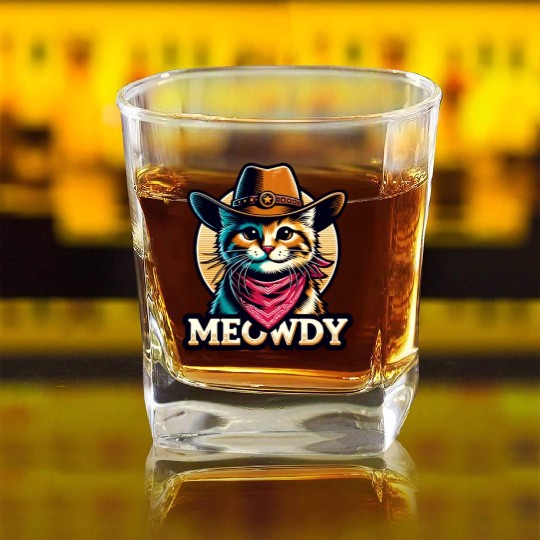 Cute Meowdy Cat Cowboy Pun Square Whiskey Glasses