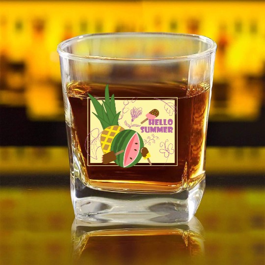 Hello summer fruit ice cream flowers & butterfly Square Whiskey Glasses