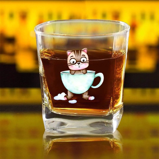 Surprised Silly Cat Wearing Coffee Cup Square Whiskey Glasses