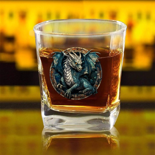 Cerulean Coil: The Stained Glass Dragon Square Whiskey Glasses