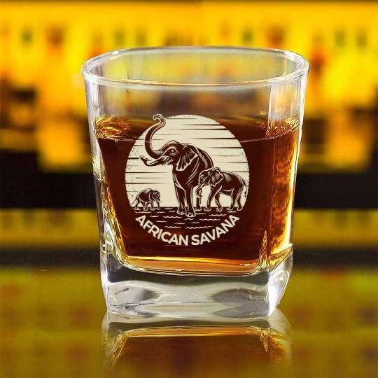 African Savana Elephants Square Whiskey Glasses