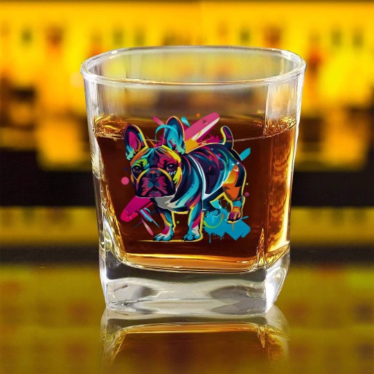Neon Paws: French Bulldog in 80s Pop Art Style Square Whiskey Glasses