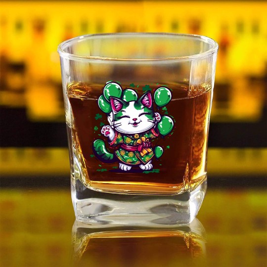 Kawaii St Patricks Day Cat With Balloons Square Whiskey Glasses