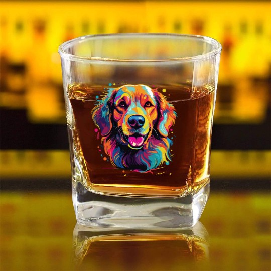 Watercolor Colorful Golden Retriever Square Whiskey Glasses
