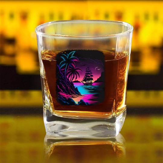 Retro Sunset Sailboat Tropical Beach For a Square Whiskey Glasses