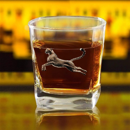 Realistic Cheetah in Mid-Leap Square Whiskey Glasses