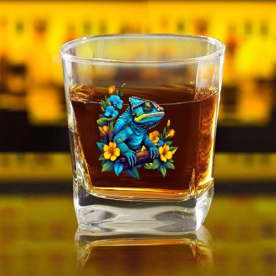 Chameleon Sitting on Branch Surrounded by Flowers Square Whiskey Glasses